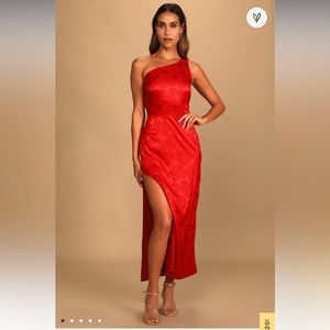 Chasing Desire Red Satin Jacquard One-Shoulder Maxi Dress